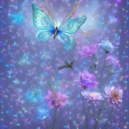 garden with subtle cristal transparent bright glitter blue butterfly, light, galactic, subtle flowers