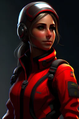 a woman dressed in a pilot's red uniform, a character portrait by Tony Sart, Artstation, sots art, artstation hd, 2d game art, concept art, buzzlighter, pixar, looking into camera