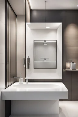 "a sleek and minimalist bathroom design, showcasing a wall-mounted automatic soap dispenser and a stylish contemporary wash basin cabin, inspired by the clean lines of modern architecture, captured with a high-resolution camera, emphasizing the sharp edges and smooth surfaces, minimalist color palette with hints of chrome accents, architectural photography, wide-angle lens to capture the full space, interior design"