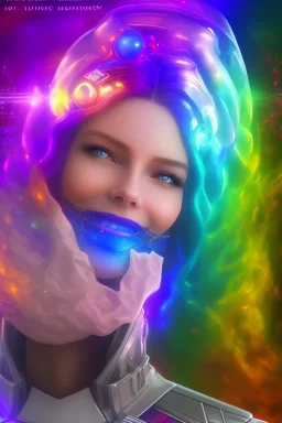 cosmic woman smile, admiral from the future, one fine whole face, crystalline skin, expressive blue eyes,rainbow, smiling lips, very nice smile, costume pleiadian, Beautiful tall woman pleiadian Galactic commander, ship, perfect datailed golden galactic suit, high rank, long blond hair, hand whit five perfect detailed finger, amazing big blue eyes, smilling mouth, high drfinition lips, cosmic happiness, bright colors, blue, pink, gold, jewels, realist, high commander,