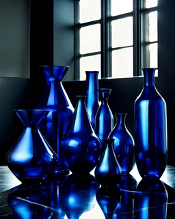 45 DEGREES LOW VIEW OF SIX BLUE COBALT GLASS VASES OF DIFFERENT SHAPES AND HEIGHTS RANDOMLY PLACED, VERY CLOSE TO EACH OTHERS, ON TOP OF A BLACK REFLEXIVE MARBLE TABLE, AGAINST A BRIGHTLY ILUMINATED WINDOW BACKGROUND