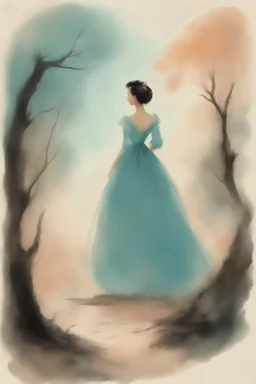 old illustration of a princess, style of Tyrus Wong, pastel colors