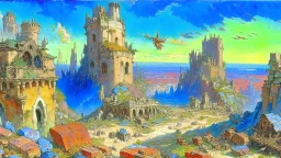 Destroyed City, medieval ruins, debris, stone, breched, brocken, Perspektiv from the sky, by Jean-Baptiste Monge, Ivan Bilibin, Albert Bierstadt, Reza Badrossama, watercolor, intricate details, fantasy, beautiful, oil on canvas, award winning, imperial colours, fantastic view, radient colours, very attractive, crisp quality