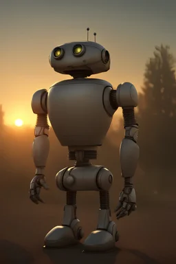 A sad robot looking into the sunset, photorealistic
