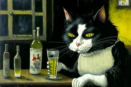 macskássy izolda, childrens book illustration, a frightened looking black and white cat with a cigarette in his mouth, a glass of whiskey in his hand, looking just at us in a smoky pub van eyck, painted on rough canvas with exaggerated lines, sharp brushstrokes, dripping, plastic paint watercolor and ink, oil on canvas S<AI jean baptiste monge