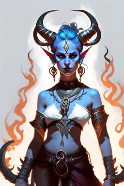 A full body image of this tiefling woman she has fire powers, she is floating she has lots of jewelry and the horns of a ram and also the horns of a gazelle, her outfit is white and her body is covered in tribal tattoos