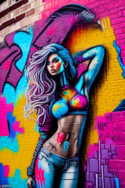 graffiti art on the brick wall portraying a female super model posing confidently, 8k, highly detailed, centered, epic composition, graffiti art, splash art, street art, spray paint, oil gouache melting, acrylic, high contrast, colorful polychromatic, ultra detailed, ultra quality, CGSociety