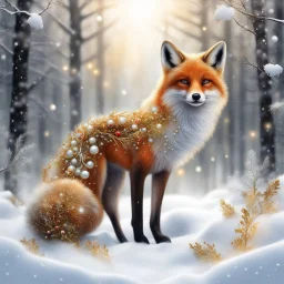 Masterpiece 3D render digital art, Sprinkle alcohol ink effects , a sprig of berries over a beautiful standing fox with a bushy tail, standing in the snow, backdrop forest winter landscape, insanely beautiful face , silver and gold snow swirl in background, pearls and beads and gold lines