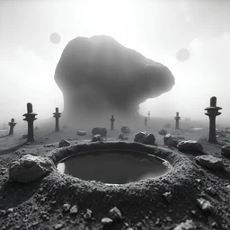 A striking quality close-up Ilford photograph captures a surreal wasteland with odd stones, pond, odd spindle-shaped objects, spooky, creepy, details of the dust very accentuated, glossy, organic, adorned with minerals and rocks, fog. Bathed in feeble light, eerie, James Ensor style, black sun, fog, volumetric light, octane render