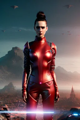 Futuristic fantasy character, portrait from waist up, pale skin, latex and leather attire, crimson eyes, vibrant hair color, intricate eyeliner, vibrant eyeshadow, clear completion, soft lighting, 4k resolution, intricate details, insanely detailed, colorful cityscape background, masterpiece, expert, cinematic smooth, retroanime style, realistic details, no helmet