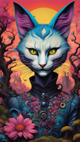 full body ink oil portrait of Tilda Swinton as an Evil Cheshire Cat , in a surreal Wonderland landscape with trees of strange shapes, and flowers of all kinds in the style of Max Ernst, Yves Tanguy, Zdzislaw Beksinski, and Ravi Zupa, highly detailed hair and facial features, in vibrant chromatic colors