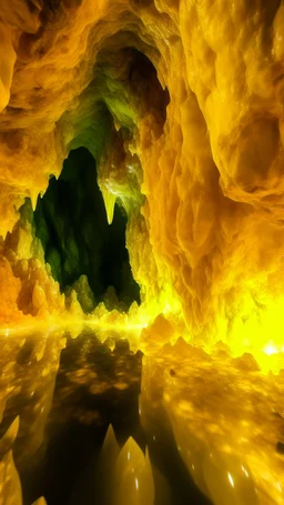 A golden yellow cave with round crystals painted by Claude Monet