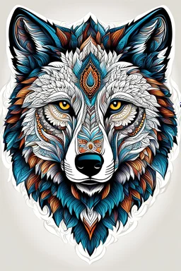 illustration, wolf face mandala, white, stylized, with color