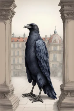 Pencil colour drawing. Anthropomorphic raven dressed as Prinz Eugen standing at Schloss Belvedere in Vienna