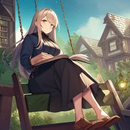 anime girl writing in a book sitting on a porch swing of a very old house in the rain