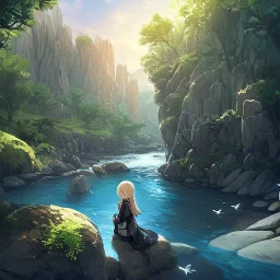 anime girl praying, rock trees, birds, creek