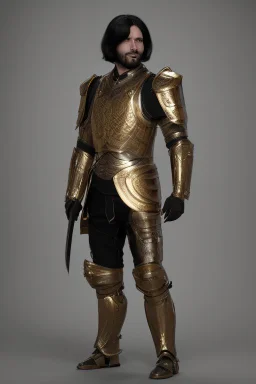 A handsome 30 year old man, black hair, male bob haircut, in black-and-gold plate armor, golden katana in both hands, no beard, european