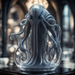 giger escher ogre illithid sculpture in transparent murano glass,bokeh like f/0.8, tilt-shift lens 8k, high detail, smooth render, down-light, unreal engine,bokeh like f/0.8, tilt-shift lens 8k, high detail, smooth render, down-light, unreal engine