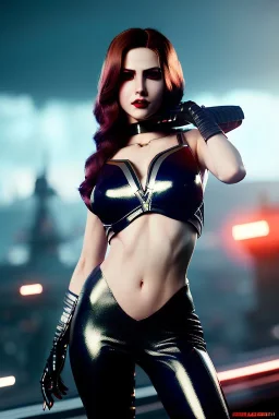 Futuristic fantasy character, portrait from waist up, pale skin, latex and leather attire, crimson eyes, vibrant hair color, intricate eyeliner, vibrant eyeshadow, clear completion, soft lighting, 4k resolution, intricate details, insanely detailed, colorful cityscape background, masterpiece, expert, cinematic smooth, retroanime style, realistic details, no helmet