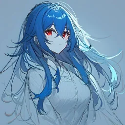 Clear focus, High resolution, rough line sketch art, blue hair, fluffy hair, between eyes, red eyes, no light in eyes