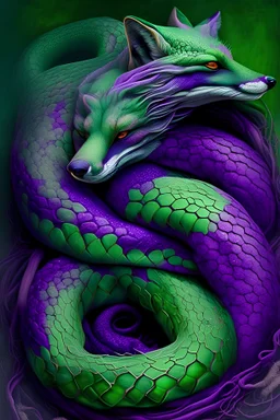 fox enveloped by green and purple serpent