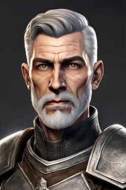 An old male imperial legionnaire from Skyrim with brown eyes, short gray hair and a light beard, Roman style