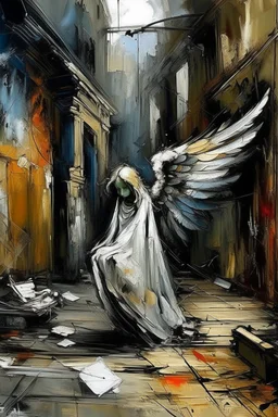 Abstract expressionism oil painting of an Urban alley grunge scene, fallen angel laying on ground in ripped robes, white stained wings, feathers misplaced, slight glowing, but broken halo. Dirty walls, graffiti in Latin, oil on the ground. Harsh shadows and goth undertones. areal view looking down , messy brush strokes, close up