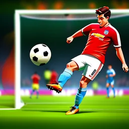 Soccer player kicking a ball into the goal with a lot of force, cartoon art