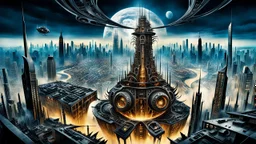 a stunningly weird image of a futuristic giant dark floating tower metropolis using Salvador Dali's paranoiac-critical method, where buildings and structures appear to melt into the skyline cityscape is filled with floating mad, twisted sharp metal shapes that interact with the buildings and each other, forming a surreal tableau of a dreamlike reality. neu-steampunk vibe, essence of the scene in a cinematic manner, with dramatic shadows that enhance the distorted perspectives and bizarre