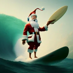 Santa standing of surfboard surfing a big wave, empty hands, beach, character design by cory loftis, fenghua zhong, ryohei hase, ismail inceoglu and ruan jia. unreal engine 5, artistic lighting, highly detailed, photorealistic, fantasy