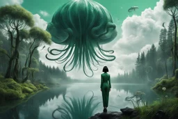 A skinny woman with a black bob hairstyle, in a green and silver suit, standing, looking out over a lake, in an alien forest, with tall narrow cloud trees, with flying dandelion heads with octopus tentacles