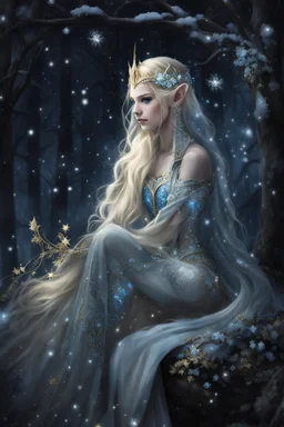 Elven princess,elven crown,long blonde golden hair,rapunzel hair,ice flowers,beautiful,light blue,dark blue,golden armor,sparkle,glitter,ice flowers,snow,elven ears,dark fairy princess