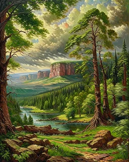 Prompt: Style: A monumental nineteenth-century American Romantic landscape painting inspired by the grand panoramic tradition of the Hudson River School. Luminous realism, masterful atmospheric perspective, refined glazing techniques, dramatic natural light, meticulous botanical detail, majestic wilderness, subtle oil textures, museum-quality fine art, celebrating the sublime beauty of untouched nature. Subject: The colossal giant sequoias of Sequoia National Park dominate the landscape, their