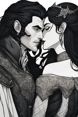 @Selene A couple from the dnd game curse of Strahd about to kiss, fantasy style art, full color. She has long black hair that is wavy, and full lips. She is wearing an off the shoulder gown and is curvy and fuller figure. Strahd has black hair and white skin, and waring all black. very passionate. They are in a black castle.