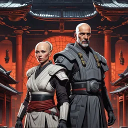 a bold and heroic bald male Corellian pilot in black and grey First Order special forces gear meets a female Jedi Master in ancient, mystical temple, hyperdetailed, dynamic lighting, hyperdetailed background, 8k resolution, volumetric lighting, light skin, fully symmetric details