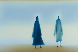 two people without gender seen from behind walking side by side in an empty foggy plain, above there is blue sky by artist "Leonora Carrington"