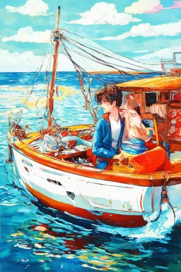 on the boat on a long journey, japanese modern pop art