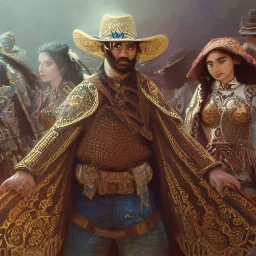 portrait,"Insanely detailed photograph of a gang of mariachi warriors", intricate chainmail charo, large colorful Sombrero,elegant cape, highly detailed D20, digital painting, artstation, concept art, smooth, sharp focus, illustration, art by artgerm and greg rutkowski and alphonse mucha, 8 k