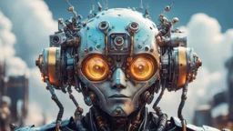 a beautiful full frame portrait digital painting of futuristic gaspunk robot, wide angle view, close-up, macro lens, centered camera, titanium accents, intricate details, small minutiae, tiny features, particulars, colorful, 8k, least ambient occlusion, volumetric lighting, volumetric clouds