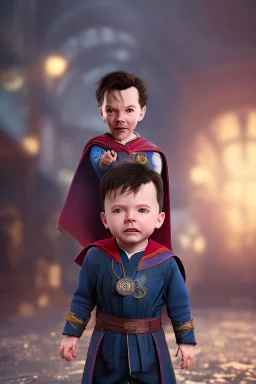 Doctor strange toddler, serious, full body, jump, bokeh, hyper realistic