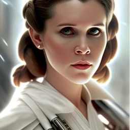 stunning half-body-portrait photo of princess leia from Star Wars played by Carrie Fisher, wlop, artgerm, akihiko yoshida, and liang xing, detailed face, doe eyes, intricate hair style, symmetrical eyes, trending on artstation, highly detailed, white dress, dynamic pose, intricate outfit, space ship and galaxy background