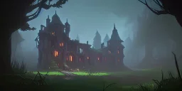 Ruined overgrown small castle in a dense forest, dynamic lighting, night