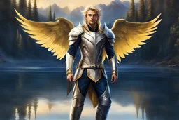 A hyper realistic detailed full body image of men++ who has((enchanted eyes)),((dreamy blond hair)).((wings)) ,,,Epic drawing of a full body of a high elf sci fi , navy blue and yellow and silver sci fi visor, boots, male, holding a light , standing by a lake