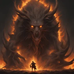 Generate a visually striking artwork that depicts a large fire drawing inspiration from dark mythology and biblical references. Incorporate elements of chaos, destruction, and a foreboding atmosphere, while highlighting Abaddon's menacing presence and otherworldly power.