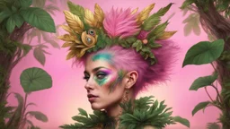 pink background, punk 45 years old, forest on the head, plant hair, green plants, bright colors, golden birds, golden makeup, tattoo, shiny aura, very detailed, fine rendering, high detail, high resolution, 8K