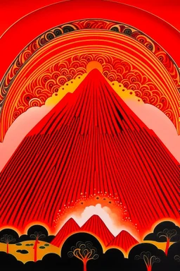 A red volcano with bursting flames designed in Australian aboriginal art painted by Frank Lloyd Wright