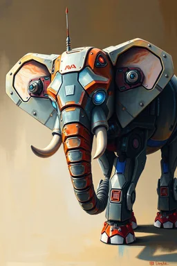 Bosch paint style in oil painting of an elephant robot build all digital circuits and electronics components his ears like radar antenna his legs like a tank weeks his nose is like a cannon his eyes like to crystal balls , contrasting with natural hands skin