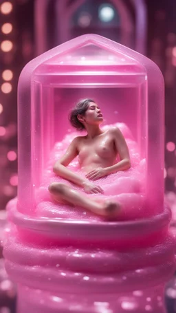 full body portrait of soap star sleeping in a sarcophagus filled with transparent pink liquid,bokeh like f/0.8, tilt-shift lens 8k, high detail, smooth render, down-light, unreal engine, prize winning