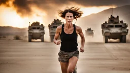 beautiful slender caucasian female technician, black tank top, angry, running, well toned muscles, weathered face, scratched sand camo metal details, short brunette wavy bob haircut, dystopian, desert scene with smoke and explosions,