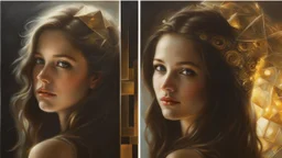 In Casey Baugh's evocative style, art of a beautiful young smiling girl with long brown hair, futuristic, scifi, intricate, elegant, highly detailed, majestic, Baugh's brushwork infuses the painting with a unique combination of realism and abstraction, greg rutkowski, surreal gold filigree, broken glass, (masterpiece, sidelighting, finely detailed beautiful eyes: 1.2), hdr, realistic painting,